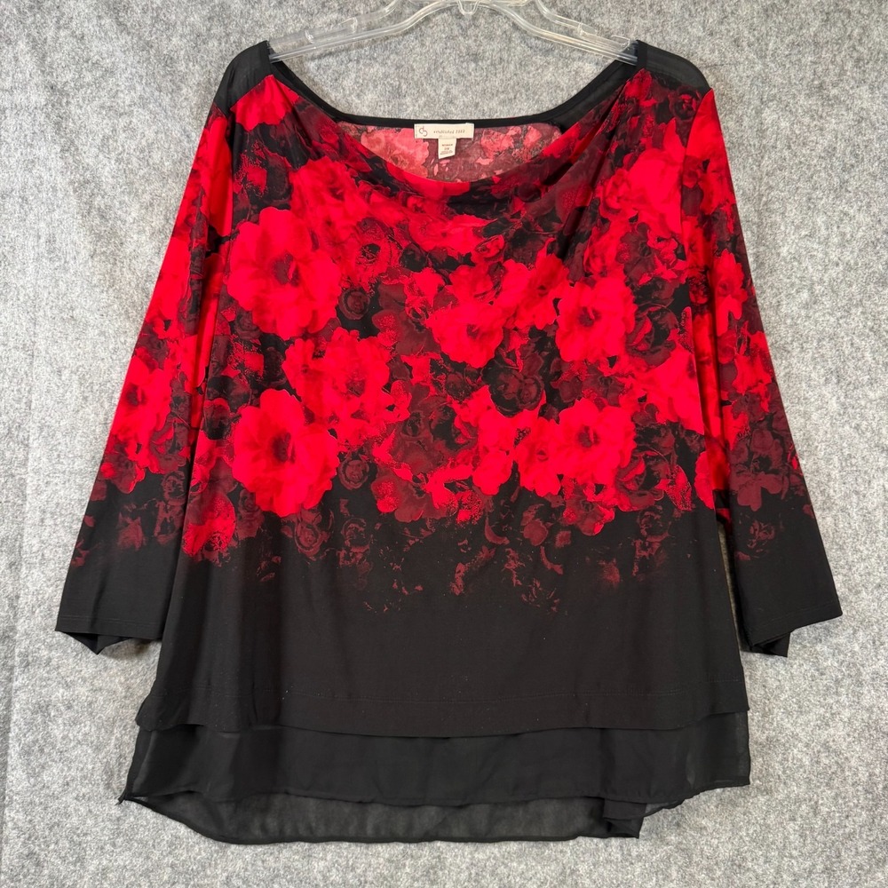 Y2K Plus Size Top Blouse Womens 2X Red Black Sheer Chiffon Vamp Dark Romantic